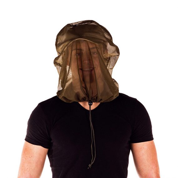 Mosquito Midge Head Net over mans head with drawstring pulled tight