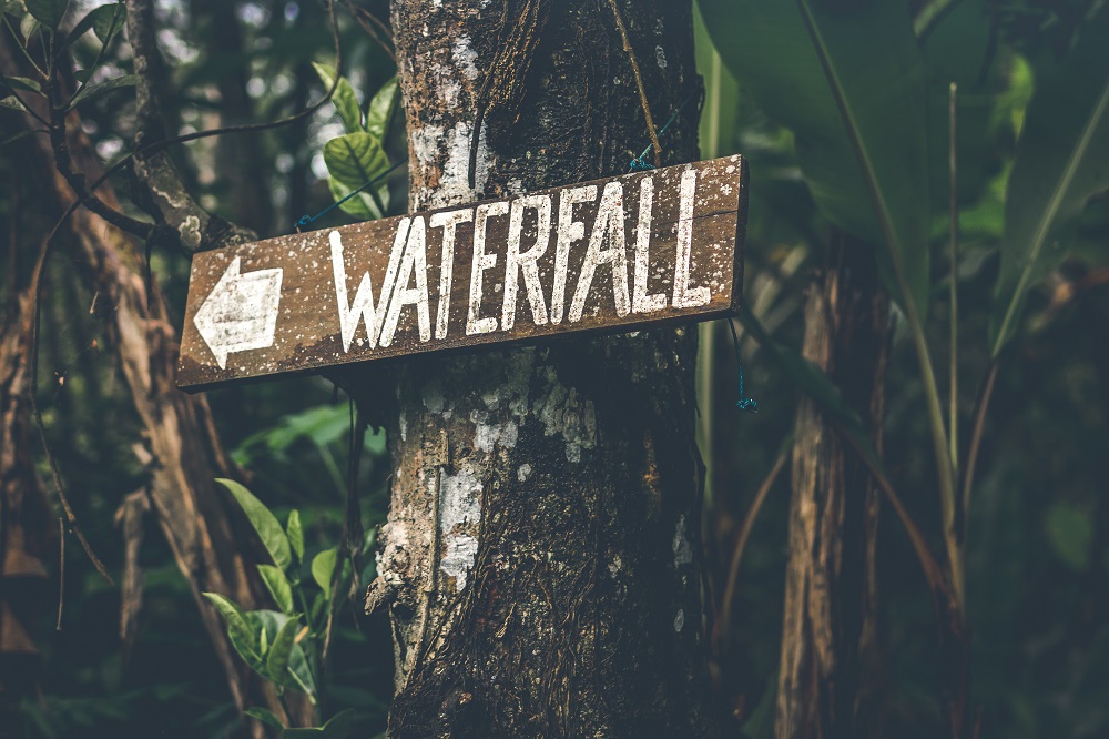 Wooden sign on a tree that says Waterfall