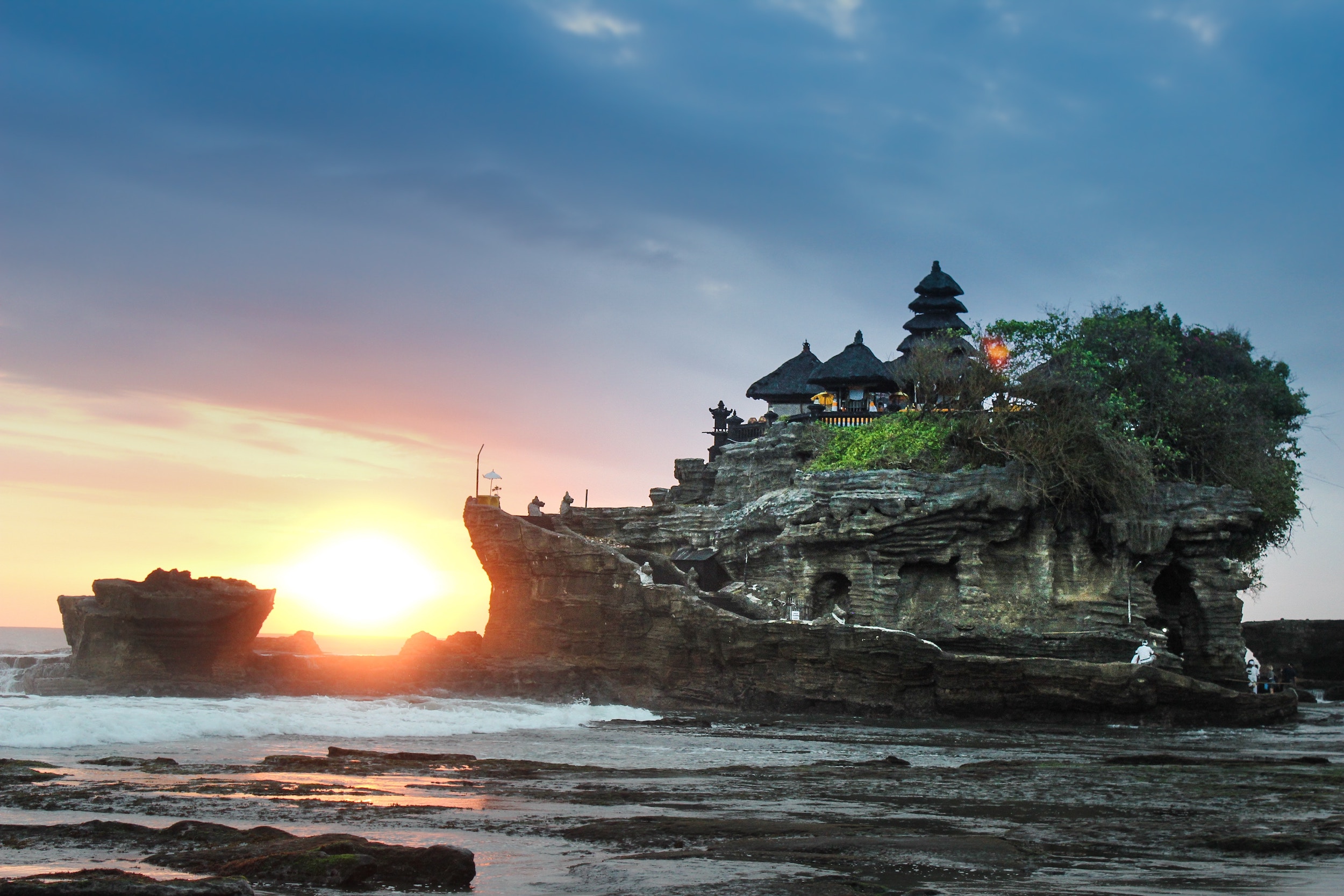 A temple in Bali, Indonesia, built on top of rocks in the sea