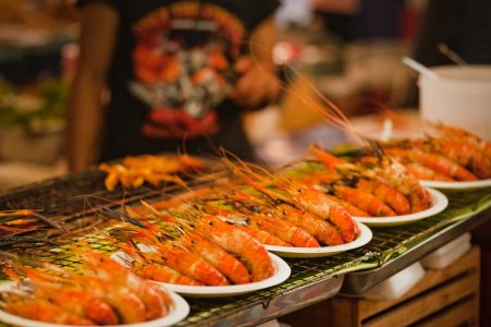 Shrimp on grill in Thai food market