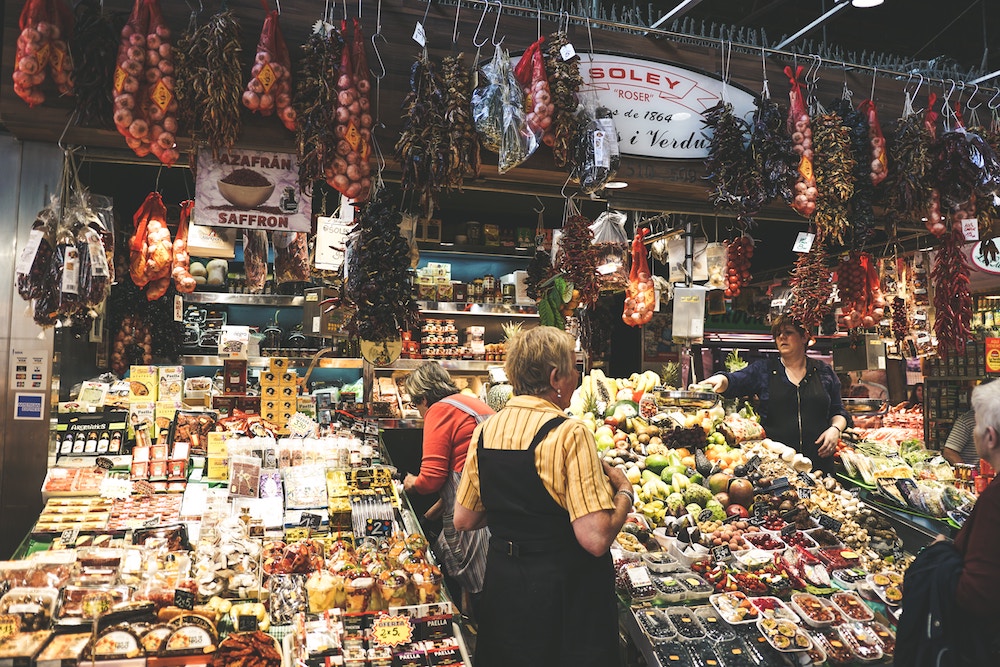 Barcelona food market with an array of produce
